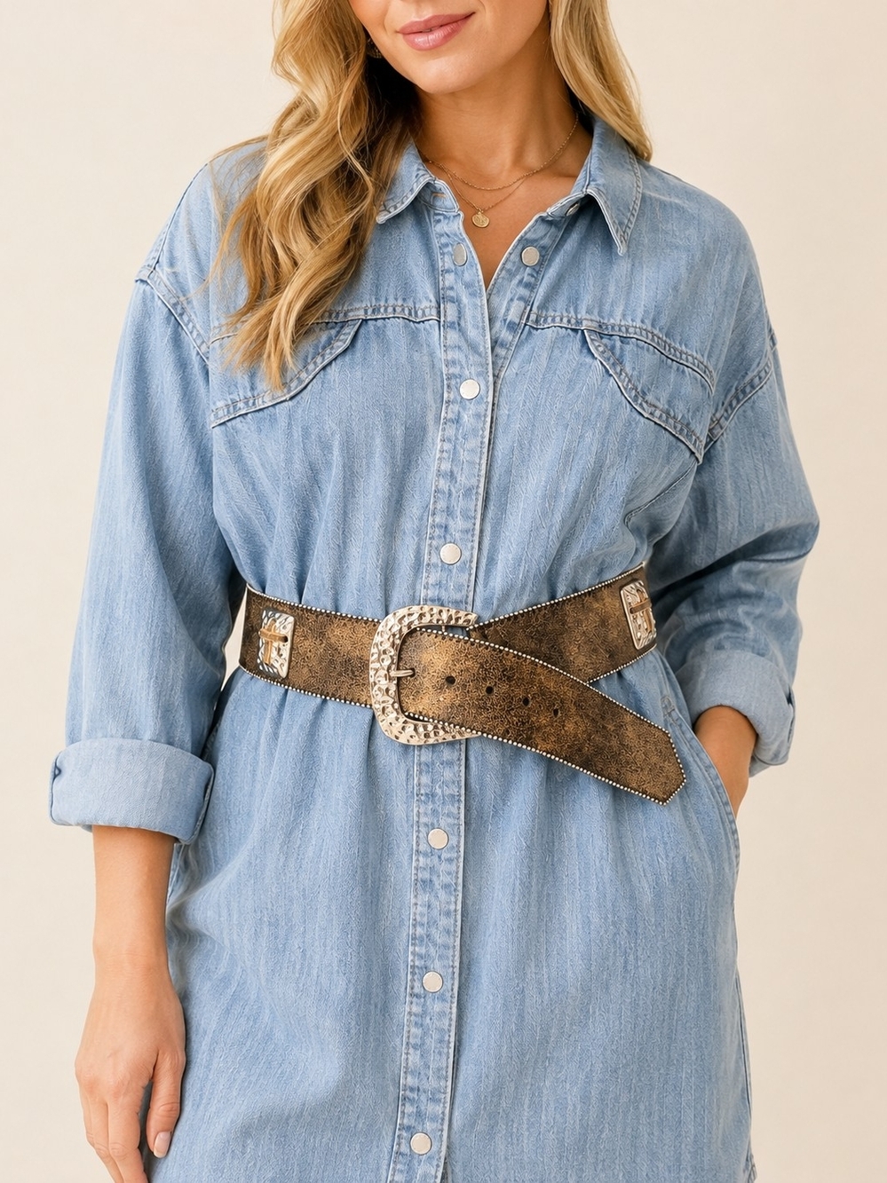 3D Genuine Leather Wide Western Belt 34-38 Hammered Silver Cross Concho